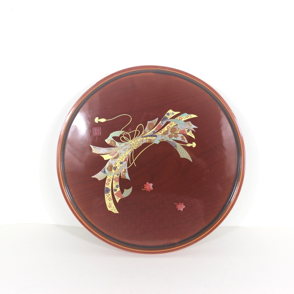 Vintage Japanese Lacquered Wood Tray Small Round Gold Detail Signed